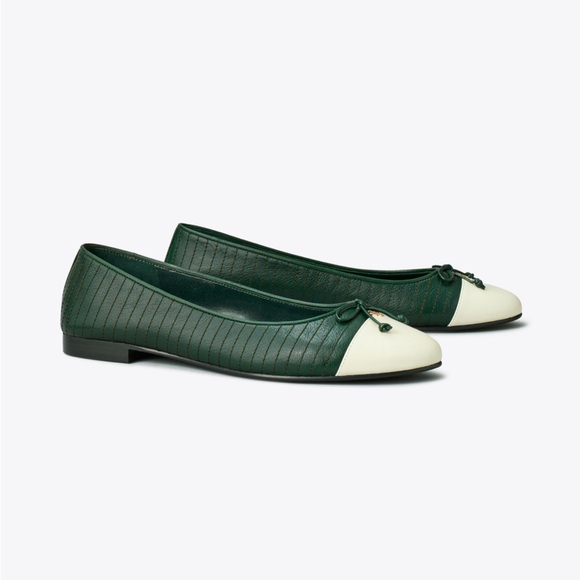 Tory Burch Shoes - Tory Burch Quilted Cap Toe Ballet Flats Green & Ivory Size 9 NWT